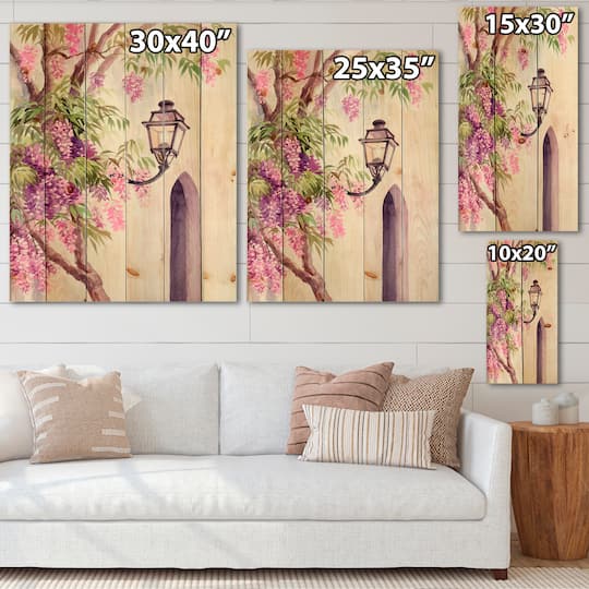 Designart - Wisteria and Lantern - Traditional Print on Natural Pine Wood
